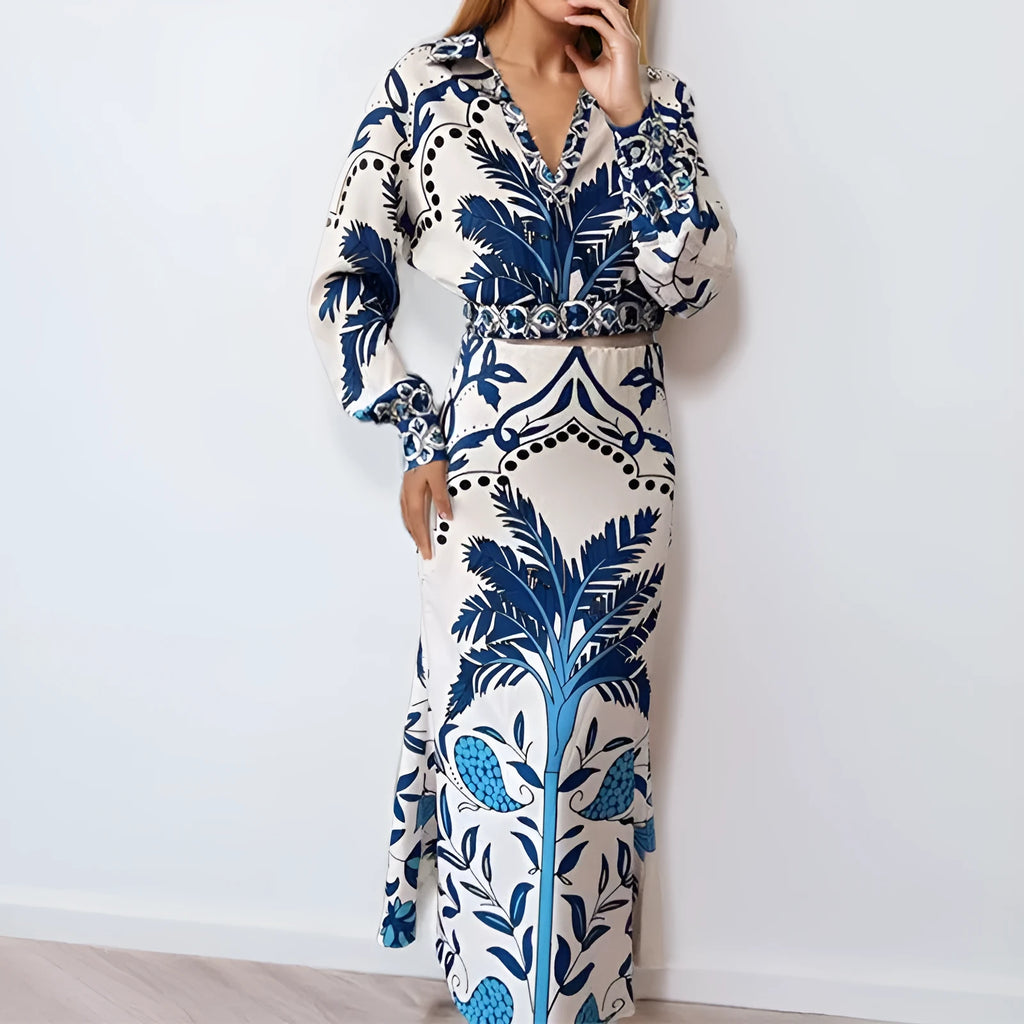 Women's polyester spring co-ord set with long sleeve top and matching long skirt in picture colour