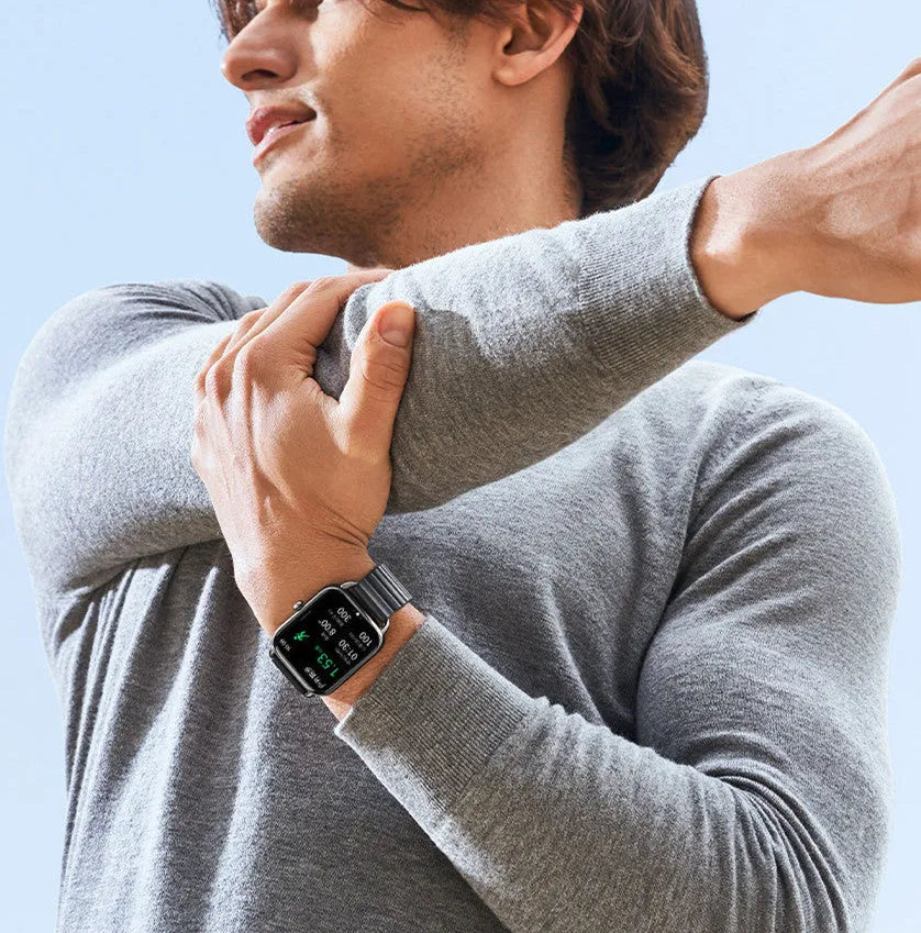 HAYLOU LS11 black smartwatch with AMOLED screen displaying fitness stats on a wrist.