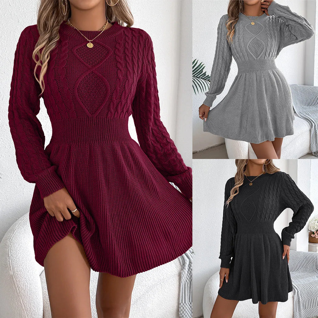 Women's artificial fur sweater dress with lantern sleeves and elastic waist in black, grey or wine red
