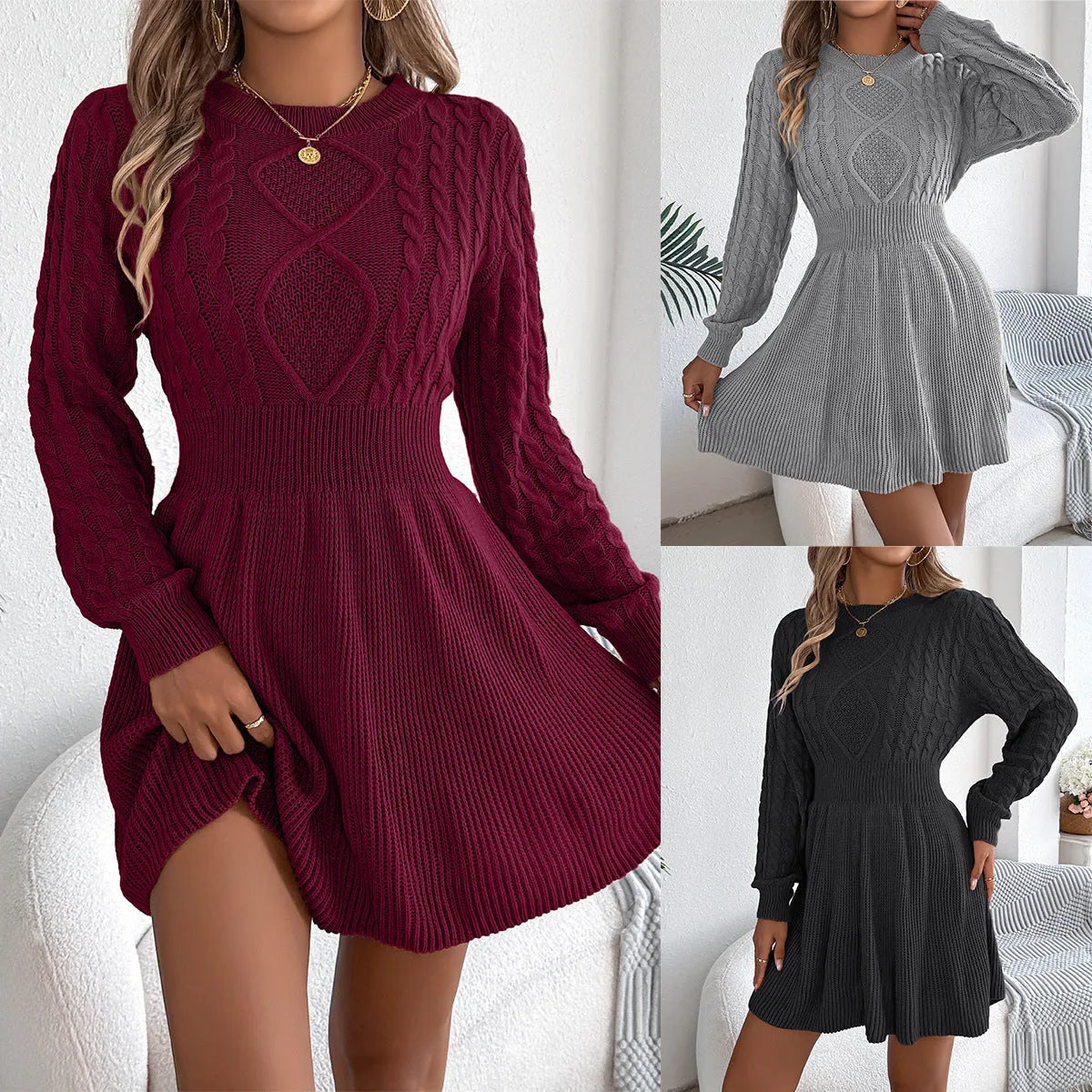 Women's artificial fur sweater dress with lantern sleeves and elastic waist in black, grey or wine red