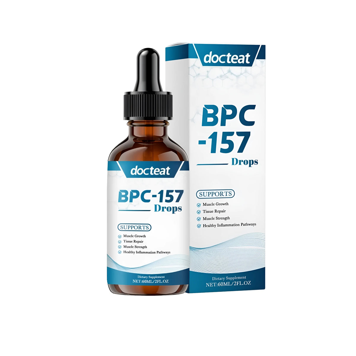 60ml bottle of Muscle Recovery Energy Supplement Drops with dropper on white background