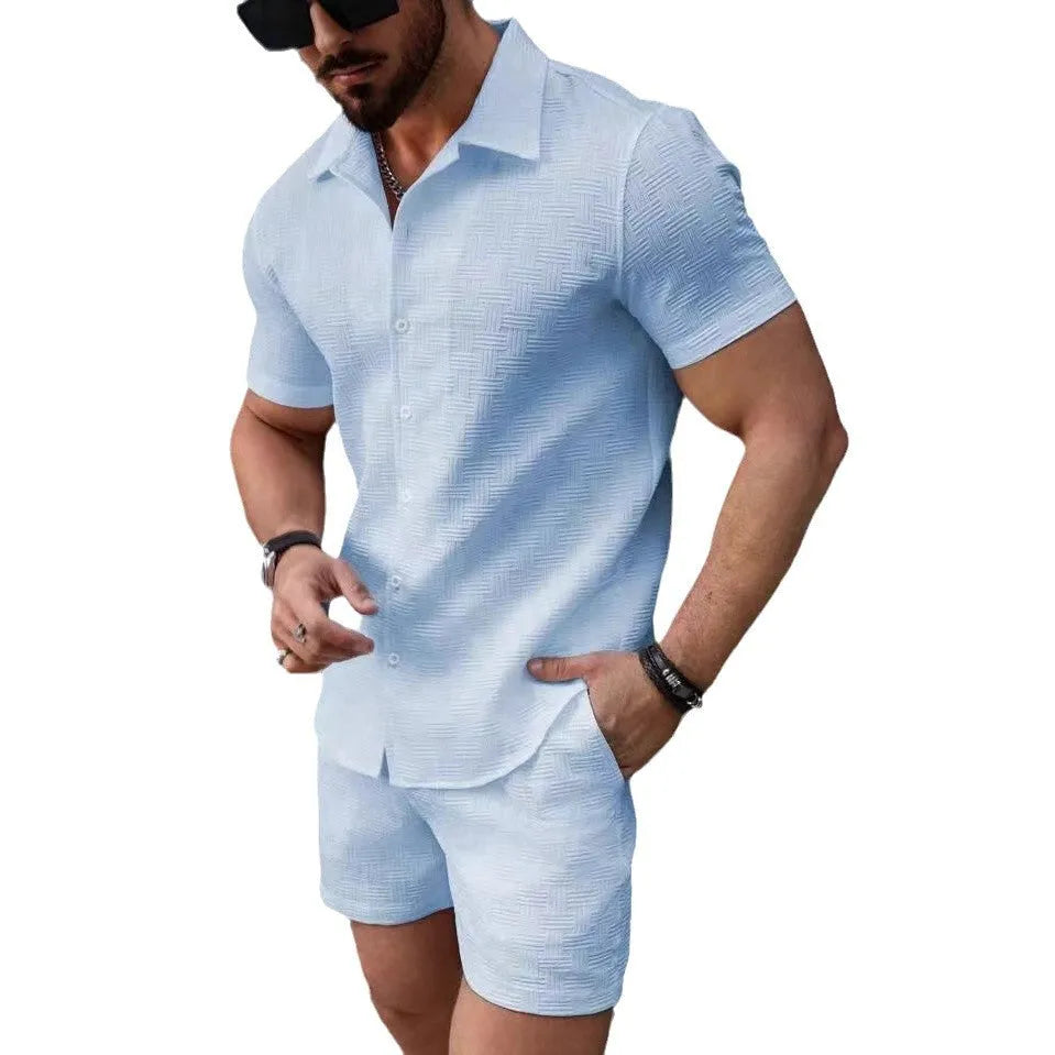 Men's summer two piece set with short sleeve shirt and shorts in cotton blend textured solid, in five colours