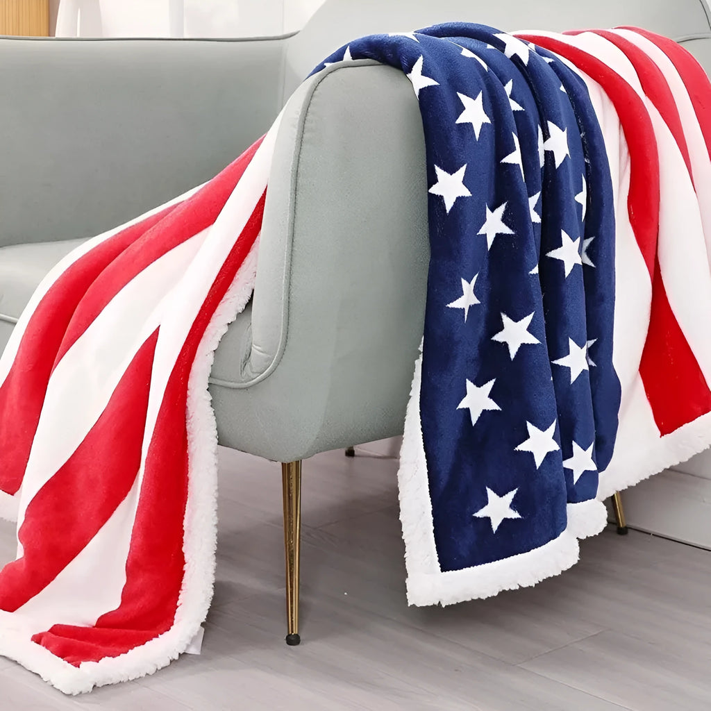 British style striped polyester blanket in vacuum shrink packaging showing three available sizes