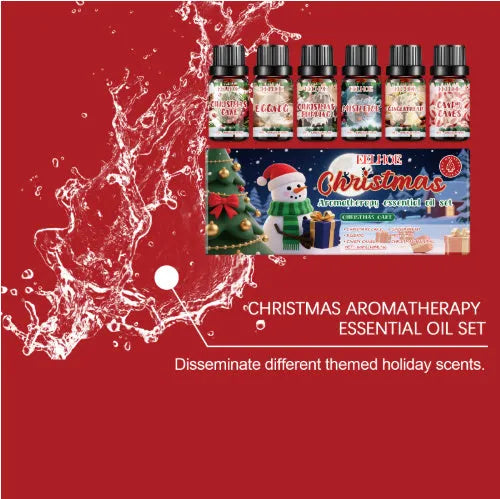 Christmas aromatherapy oil set showing six 60ml bottles with droppers for festive home fragrance