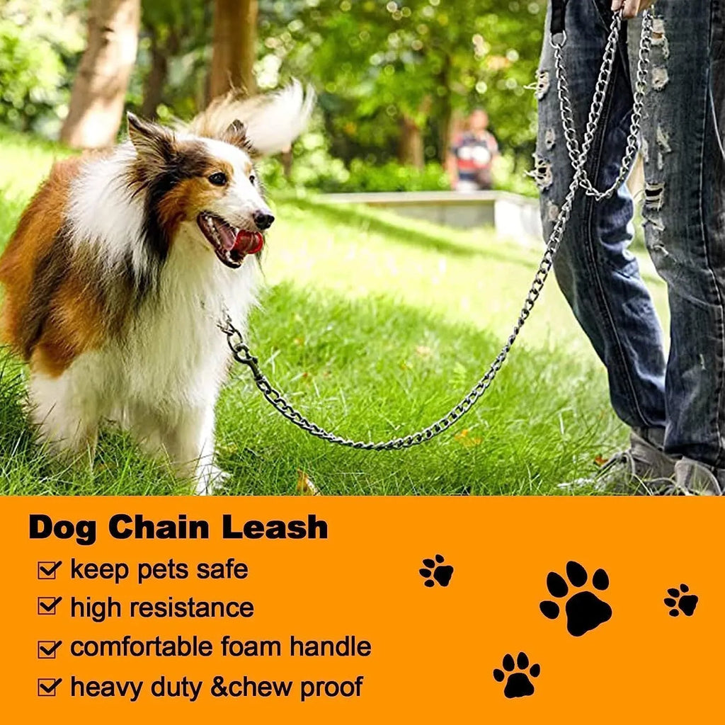 Heavy duty metal dog leash with soft padded handle in black, blue, or red colours
