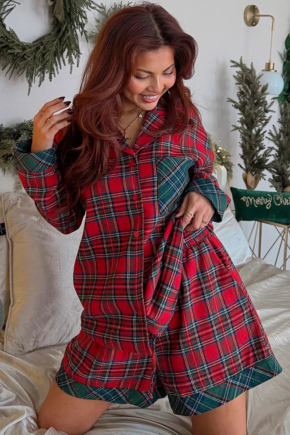 Red plaid Christmas pajama set for adults with long sleeve shirt and shorts