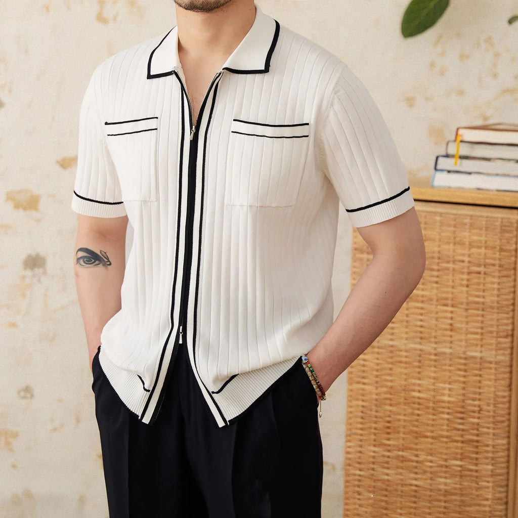 Slim black elastic lapel polo shirt with short sleeves on a hanger.