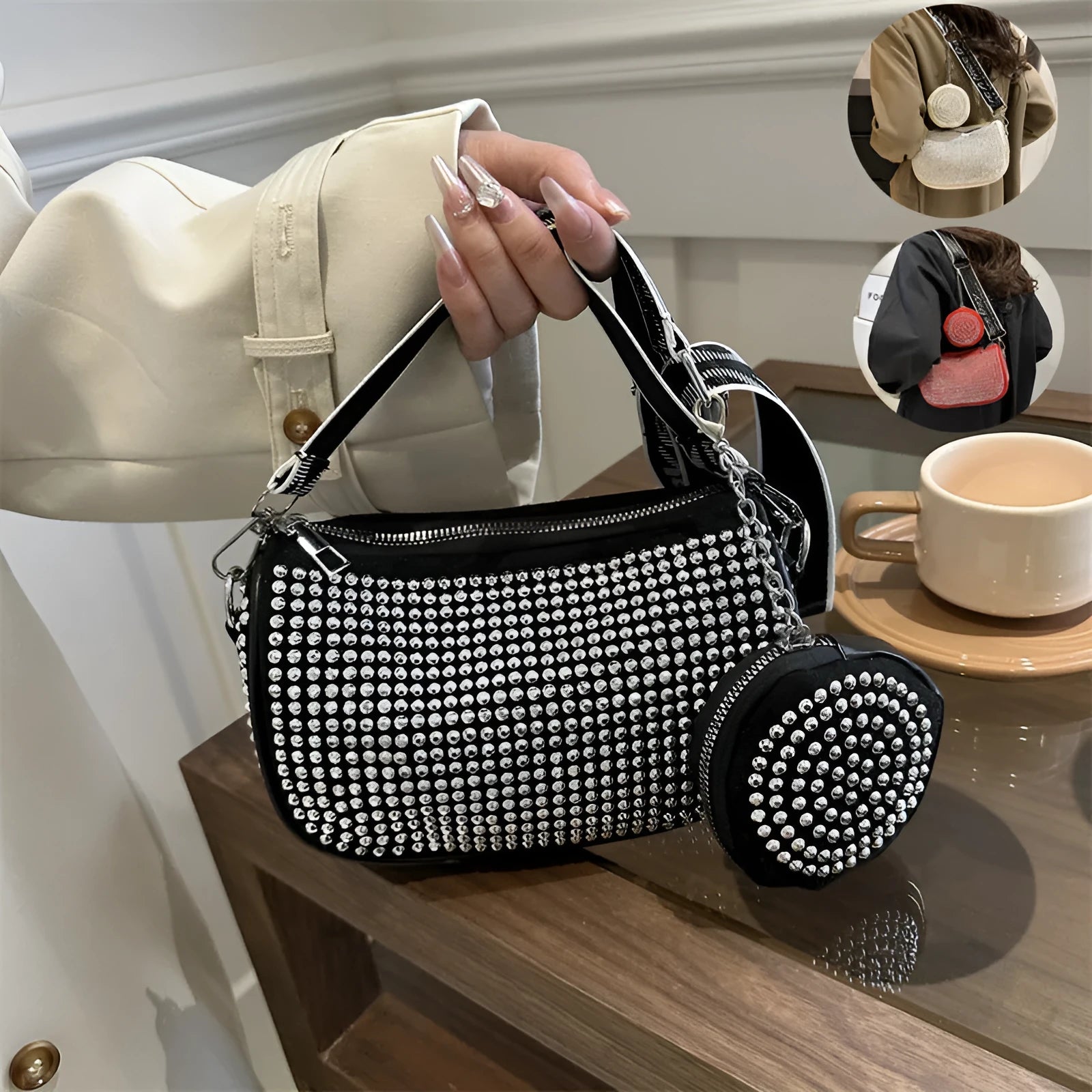 Rhinestone shoulder bag with small purse in black Oxford cloth for women