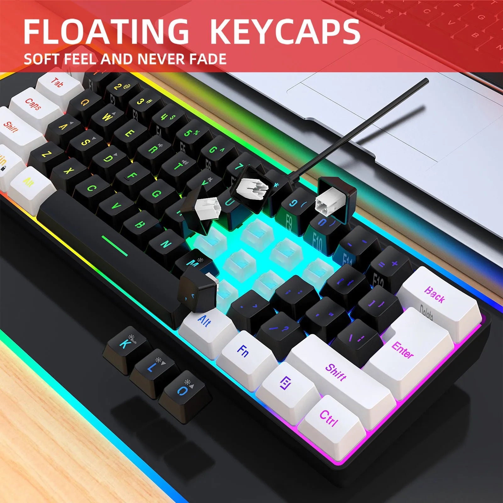 White and black wired 61-key membrane keyboard with USB cable on desk