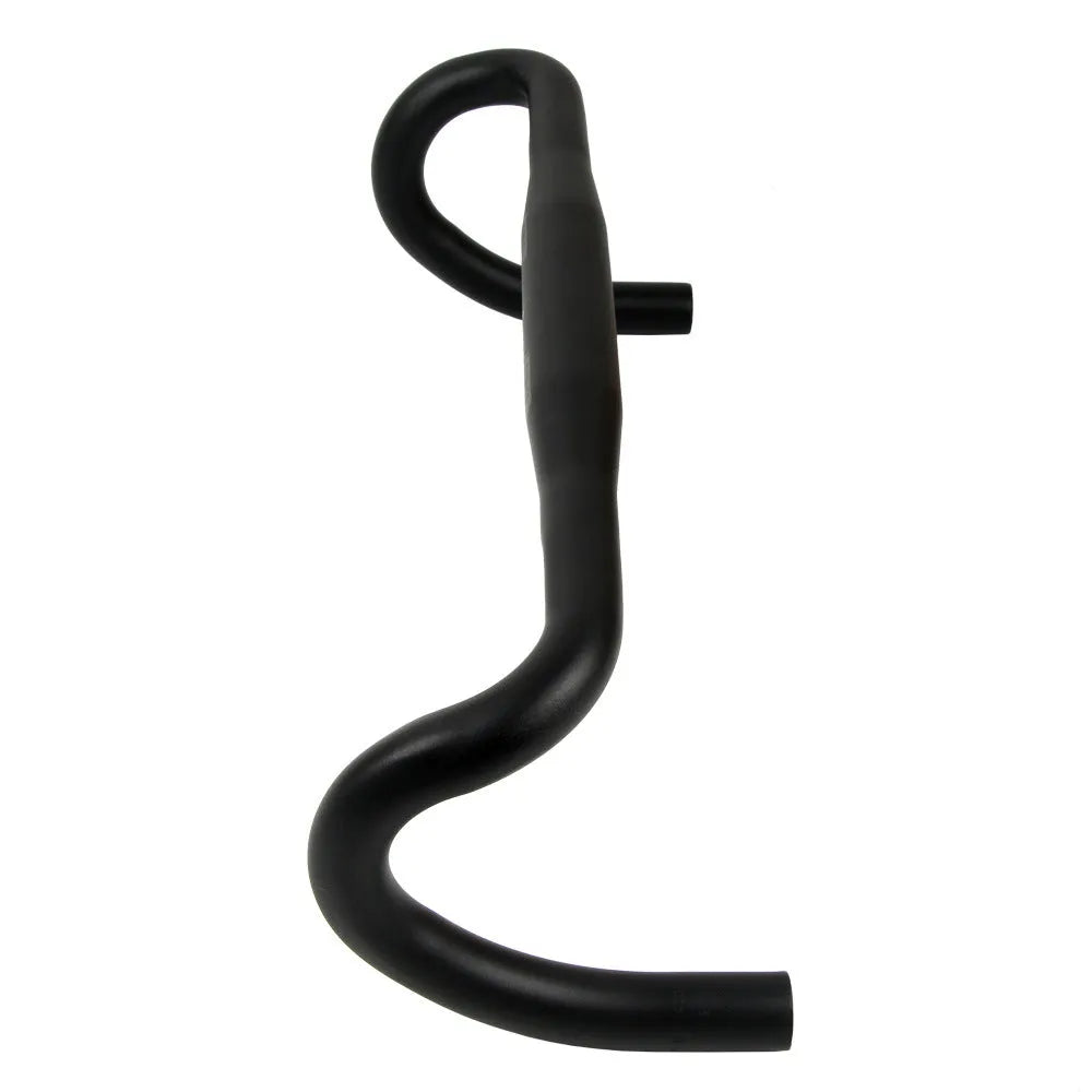 Black aluminium alloy road bike drop handlebar showing bend profile and UNO printing marks.