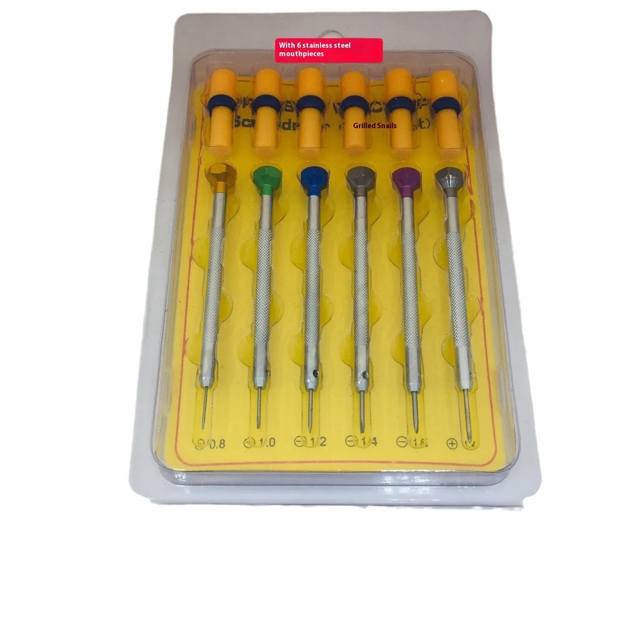 6-piece watch screwdriver set with coloured aluminium handles and spring steel cutter heads for watch repair