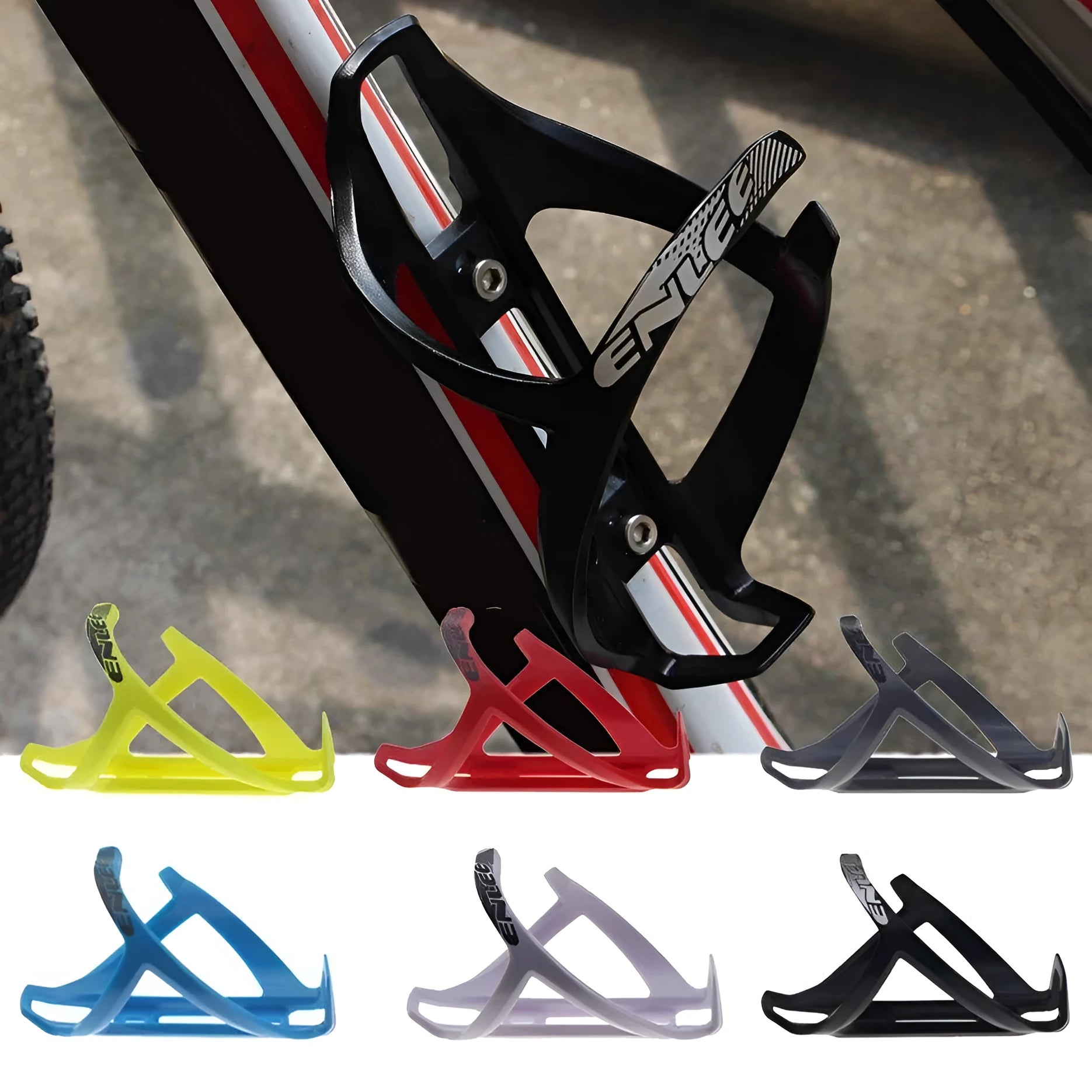 Mountain bike plastic bottle cage in six colour options mounted on bicycle frame
