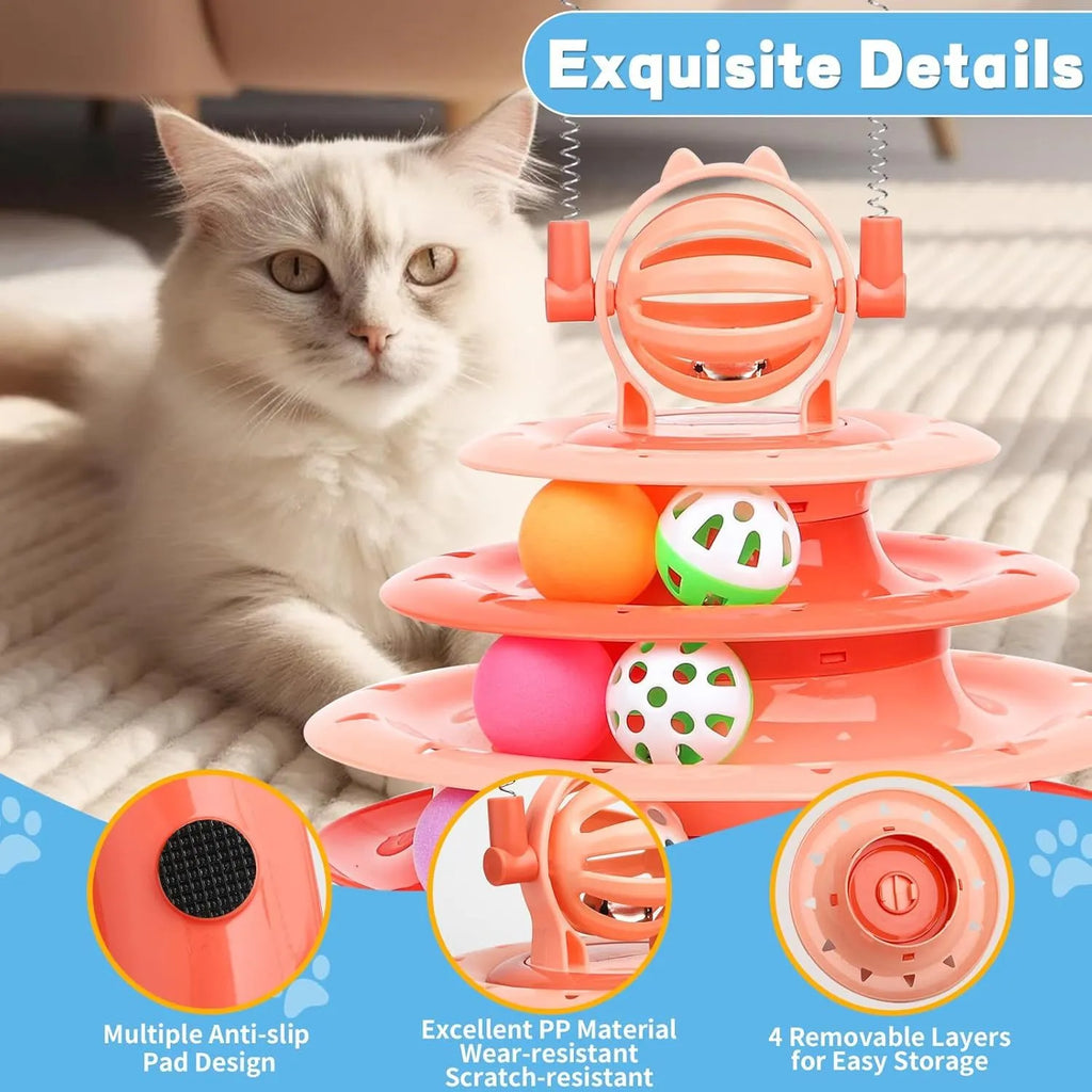 Blue 4-tier interactive cat puzzle toy with six plastic balls on circular tracks and teasing rods