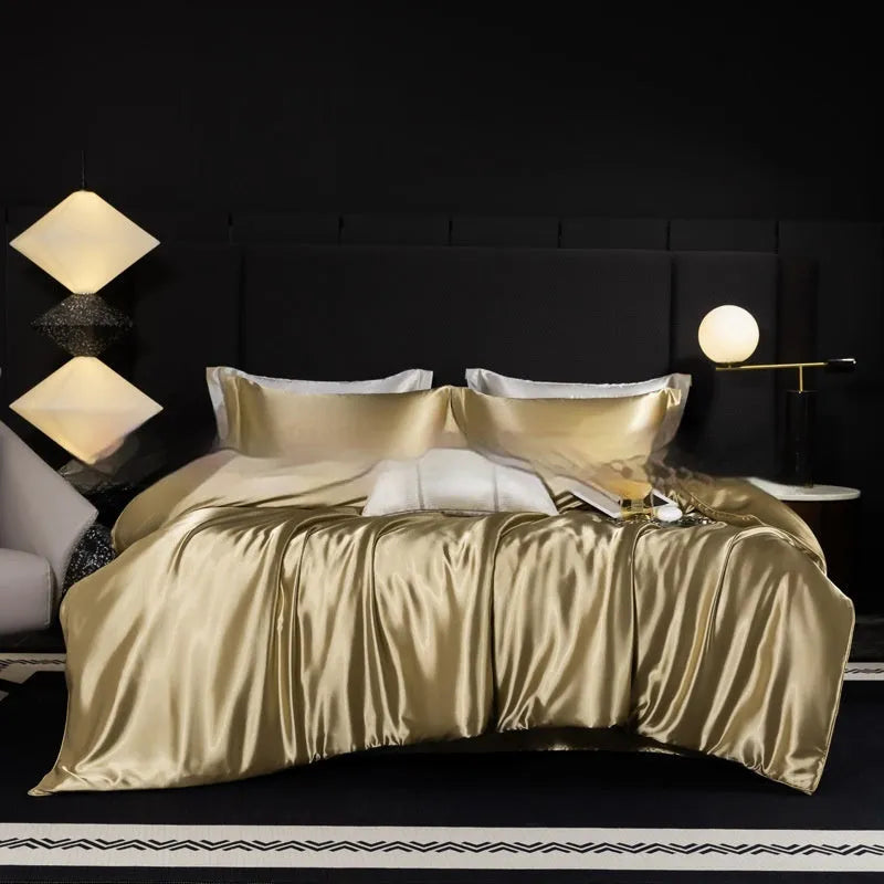 Silk four-piece bedding set in a solid colour, shown in one of seven shades including Ash Purple or Matcha Green.