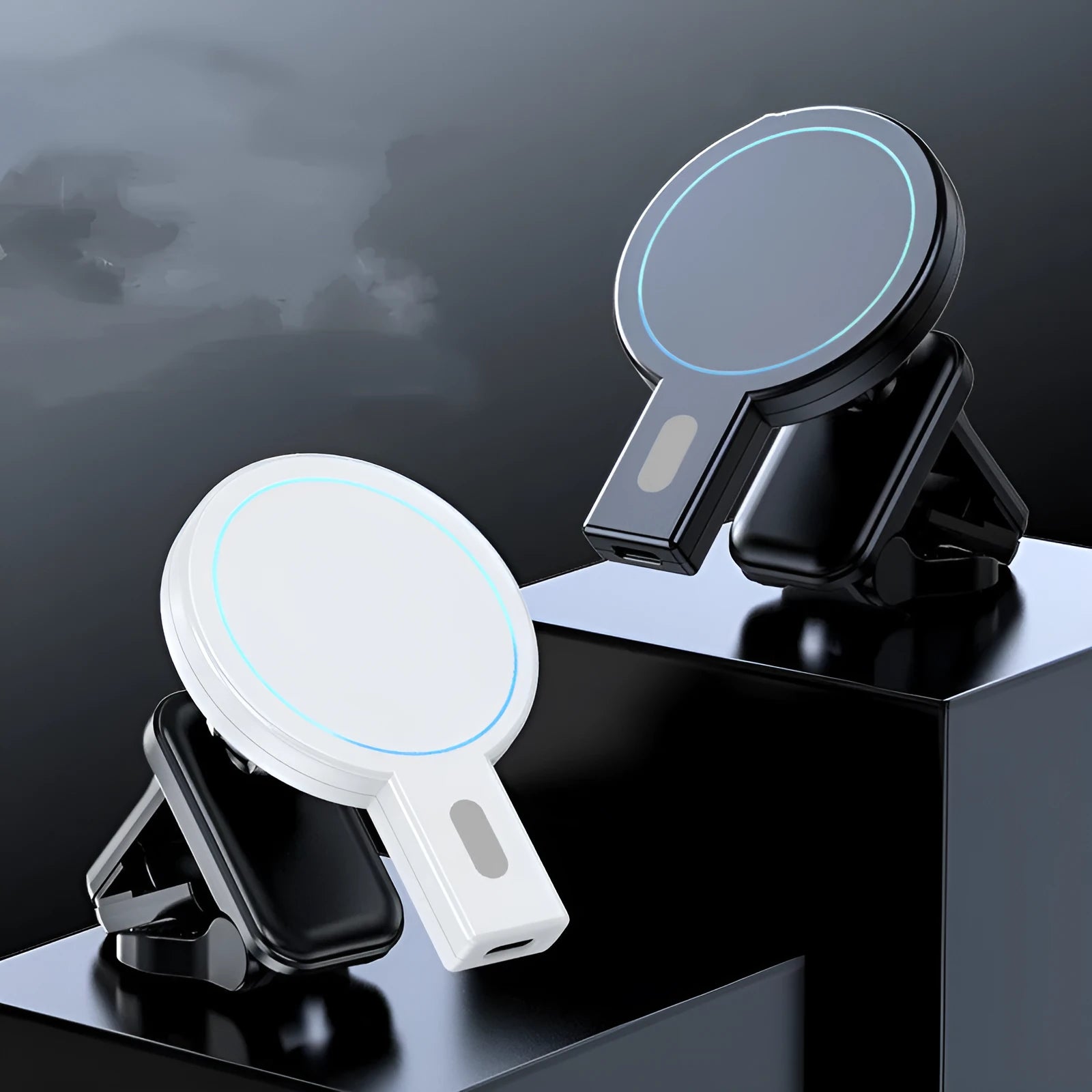 Black magnetic wireless charging stand for smartphones with PD fast charging