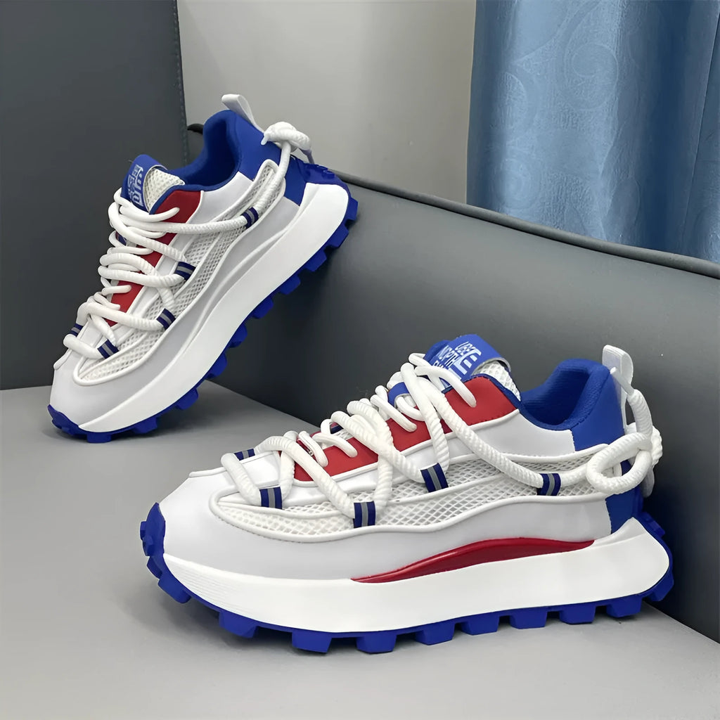Thick sole height increasing board shoes in white, green, and blue, with mesh upper and rubber sole
