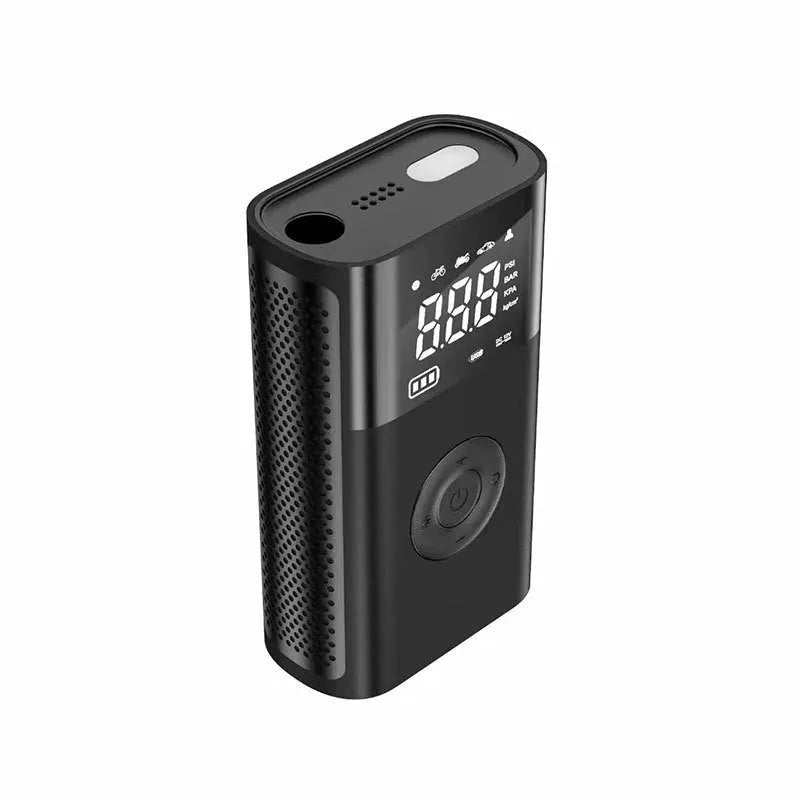 Wireless handheld digital air pump with display screen showing tyre pressure, surrounded by nozzle attachments for car, bicycle and sports inflation