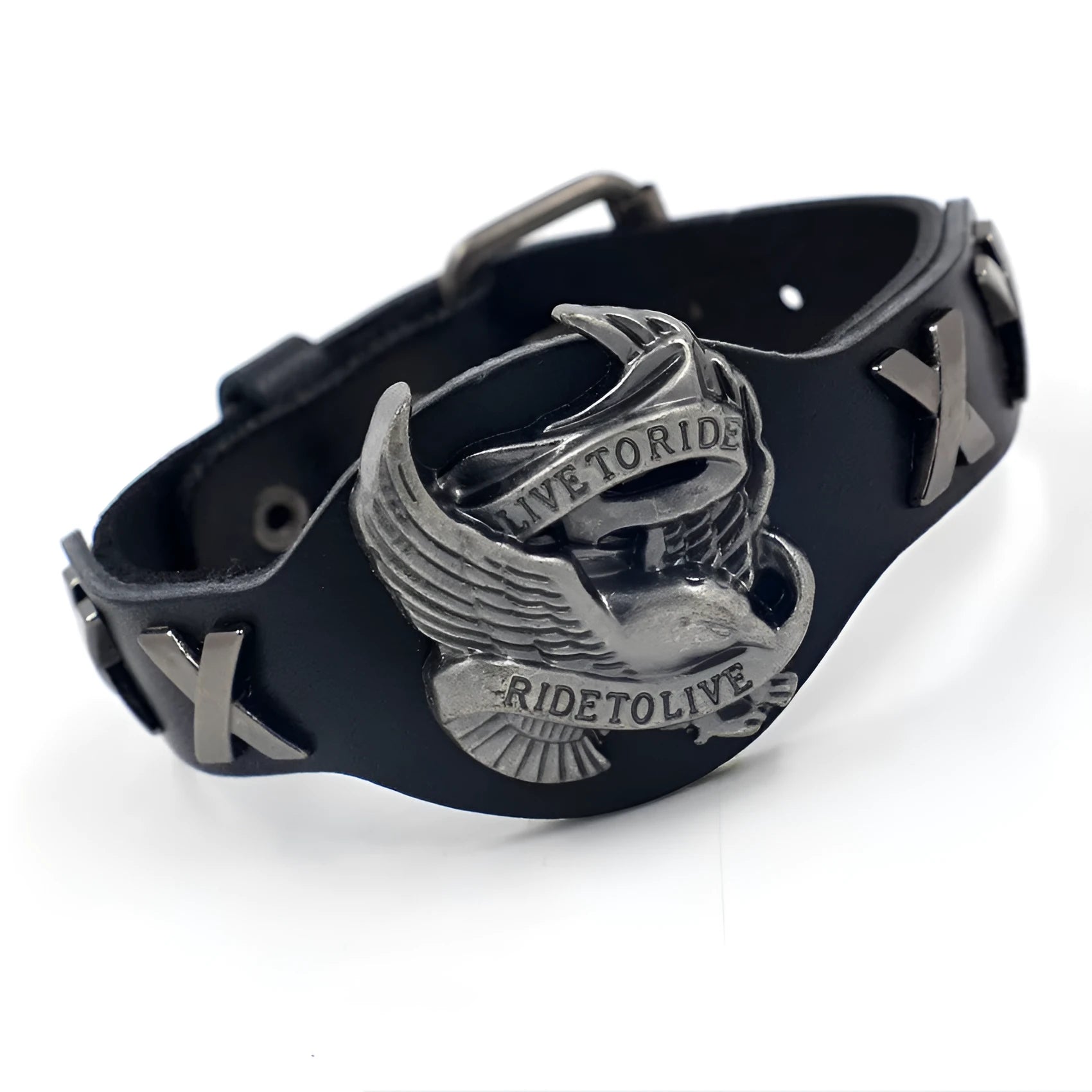 Black leather geometric bracelet with eagle watch button, showing tapered width.