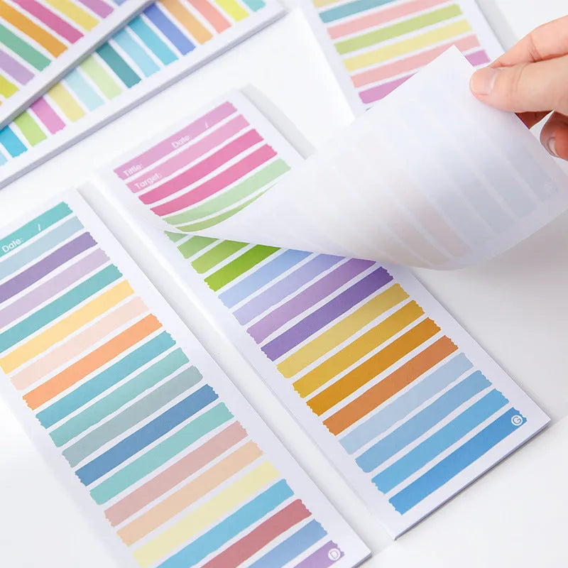 Colourful cartoon striped plastic note box for sticky notes, measuring 90mm by 248mm.