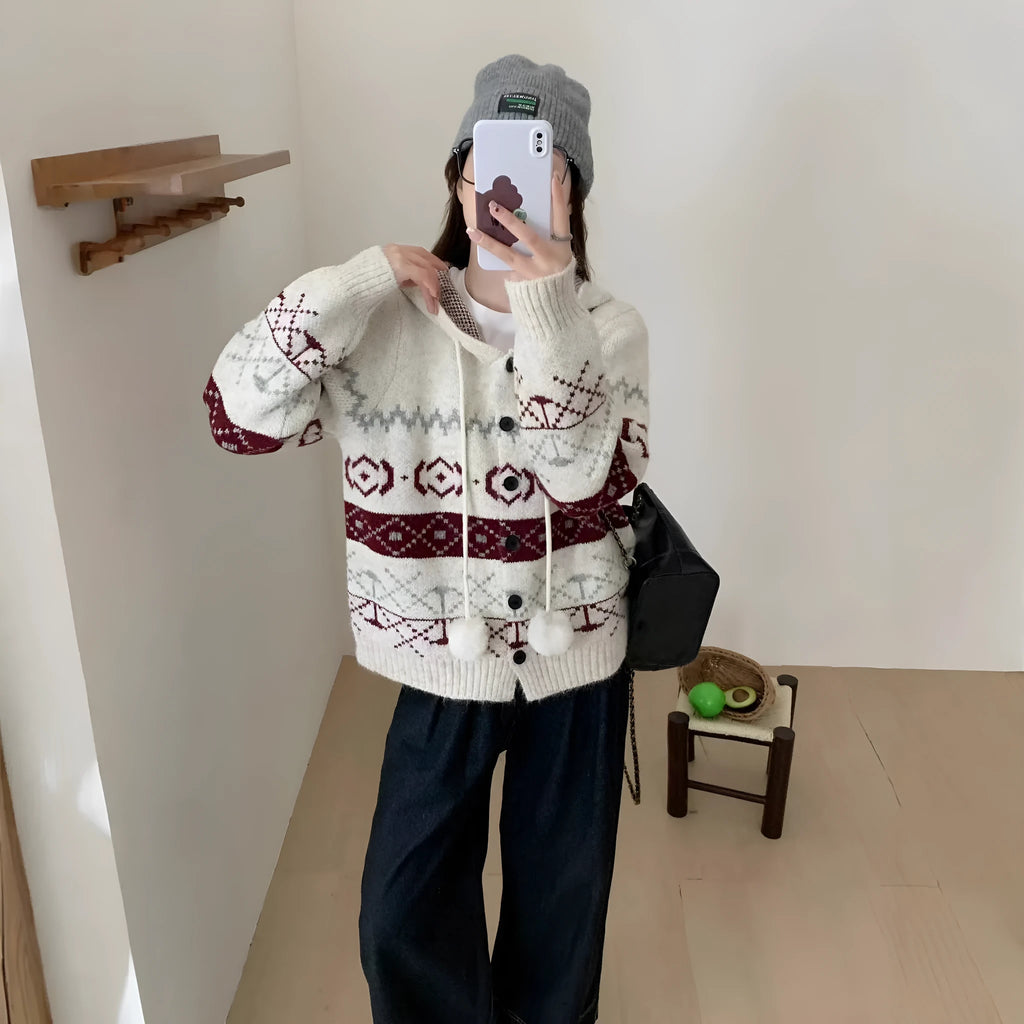 Plus size women's grey brocade sweater coat with geometric pattern and long sleeves.