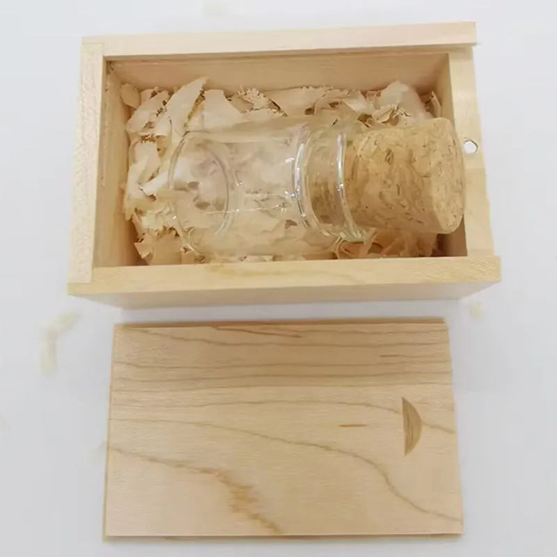 Wooden wish bottle shaped USB flash drive in transparent colour, showing scale.