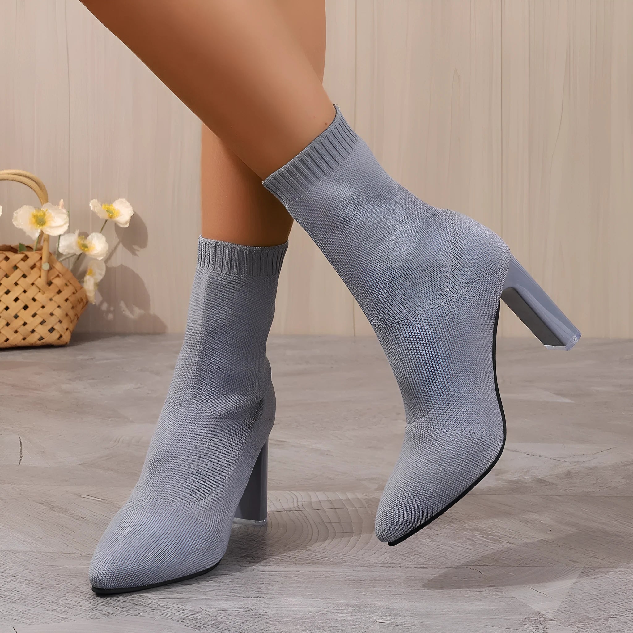 Women's chunky heel knitted suede ankle boots with pointed toe in solid colour slip-on design for autumn winter