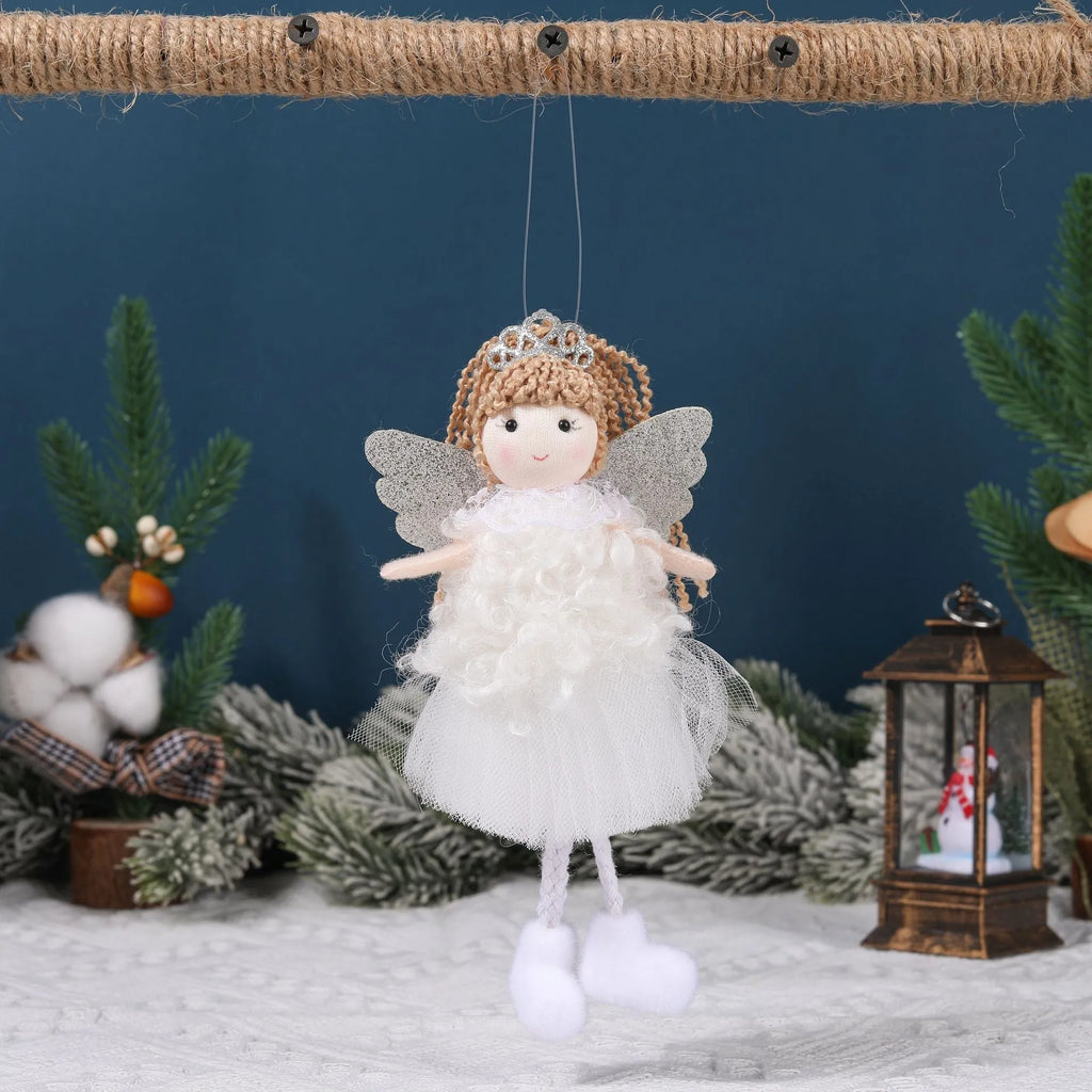 Fabric Christmas angel pendant hair clip with crown for high ponytails in khaki, pink, and white