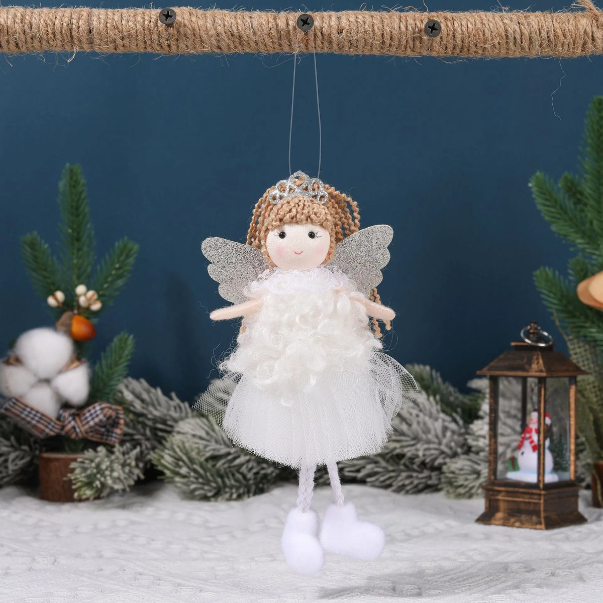 Fabric Christmas angel pendant hair clip with crown for high ponytails in khaki, pink, and white
