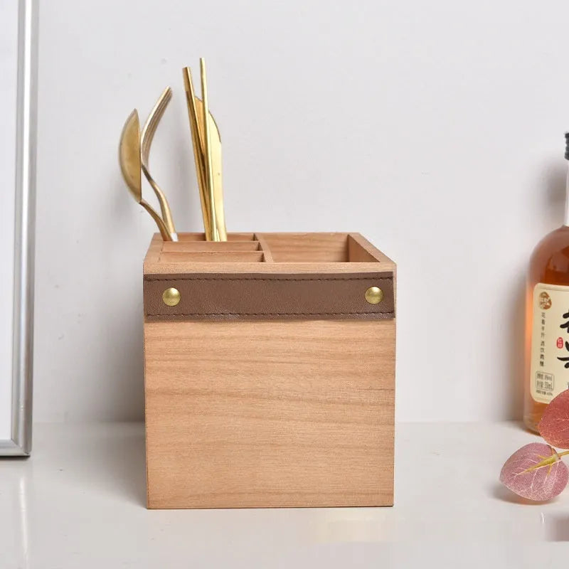 Wooden kitchen storage box with internal divider grids for knives, forks and chopsticks