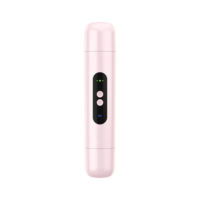 White and pink portable electric depilator with floating shaver blade and USB charging cable.