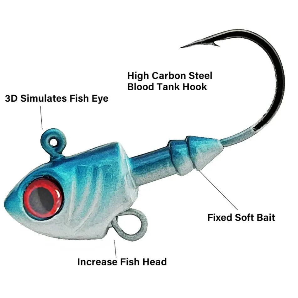 Beizheng Road yayu shaped lead head fishing lure in blue, sliver or yellow with weed guard
