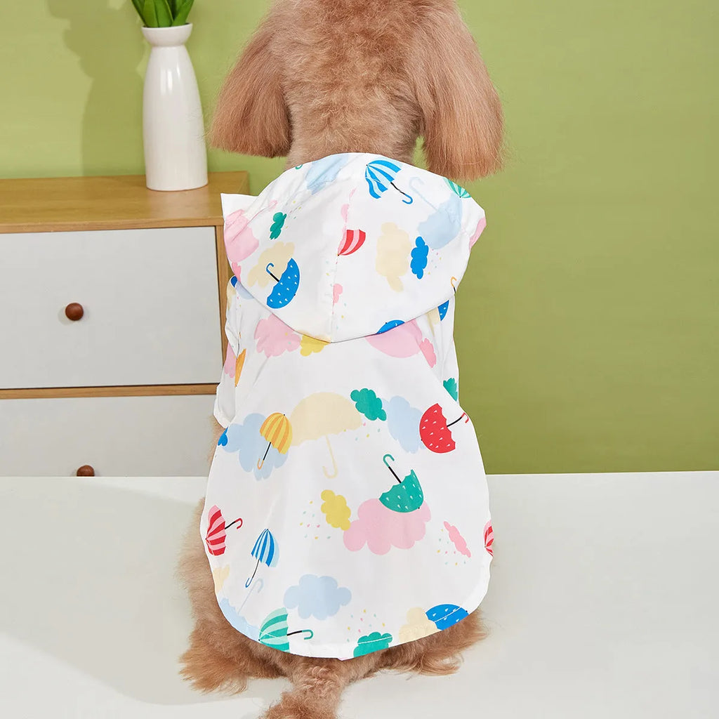 Colourful cartoon umbrella pattern dog raincoat made from polyester fabric.
