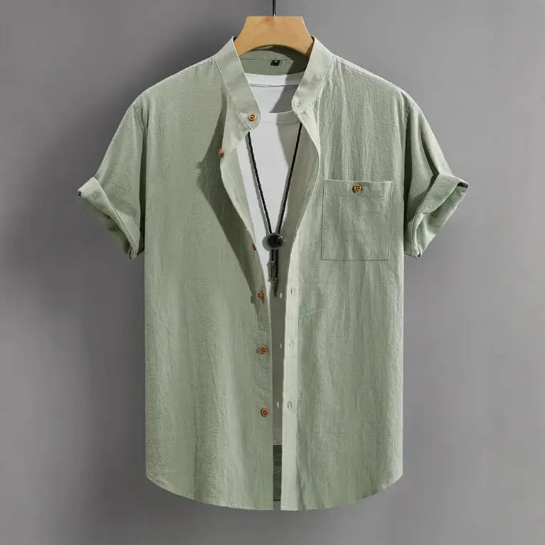 Men's short-sleeved cotton cardigan shirt in solid colour, front view, colour white
