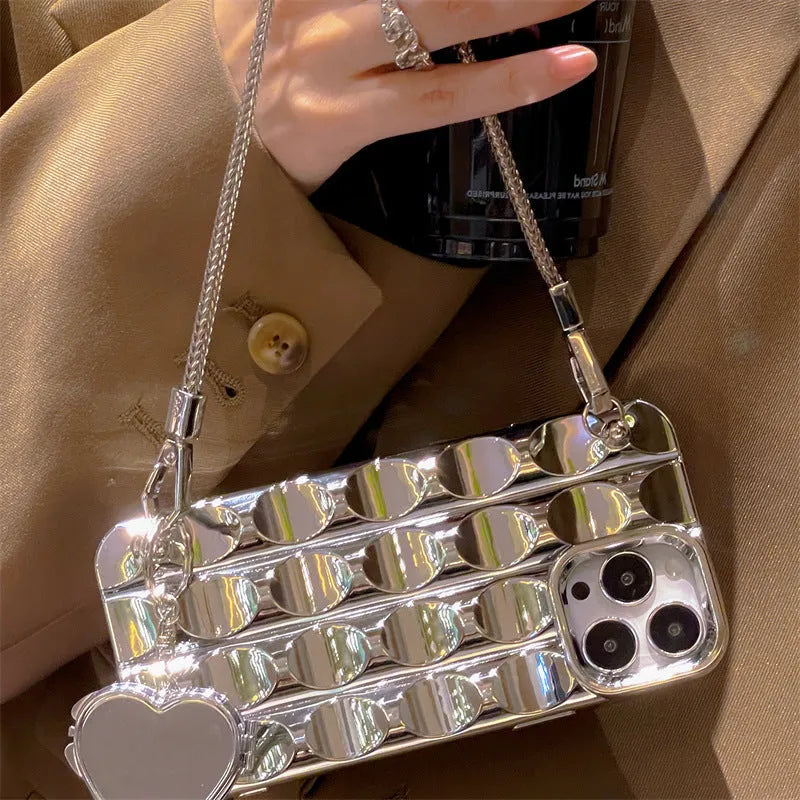 Electroplated silver heart mirror silicone phone case for iPhone 11 to 15 Pro Max with fall protection