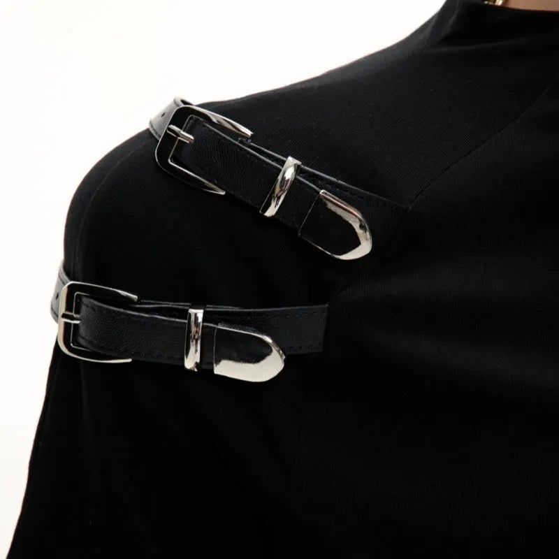 Men's black cotton T-shirt with metal belt design detail and slim fit tailoring