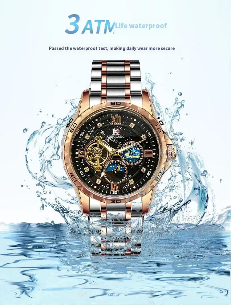 Automatic mechanical men's watch with large black dial and rose gold case, showing 12mm thickness.
