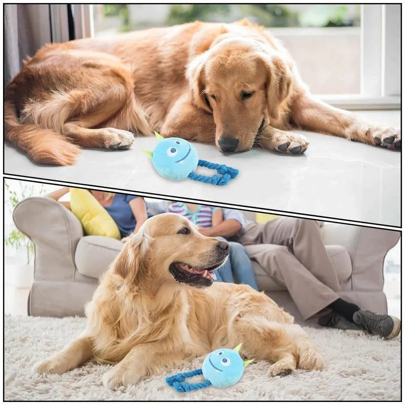 Squeaky dog toy with strong knot design, cotton rope and PP cotton filling, cartoon shape, yellow or blue