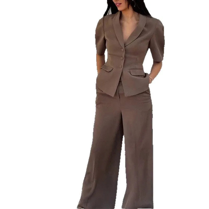 Brown slim fit polyester suit set with long sleeves showing top and trousers