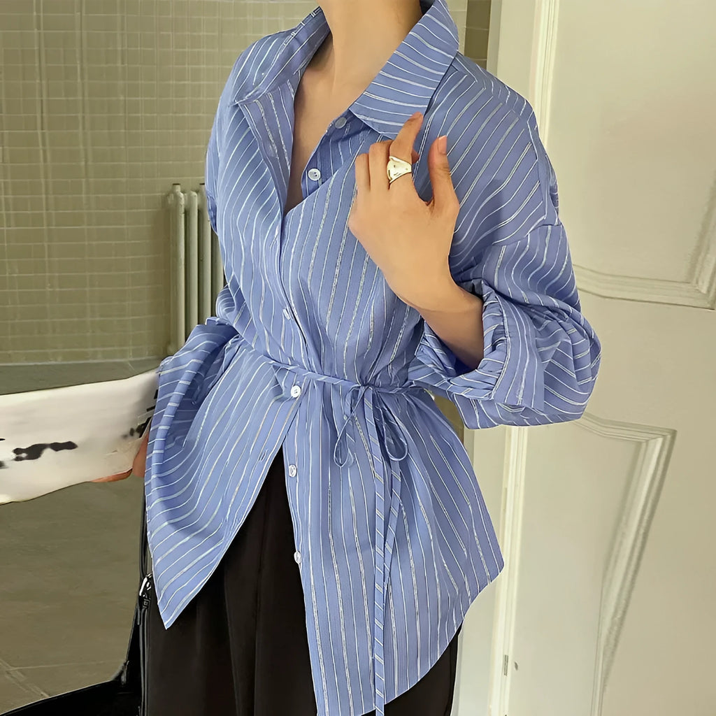 Striped long sleeved polyester shirt with regular sleeves and round neck, sizes S to XL