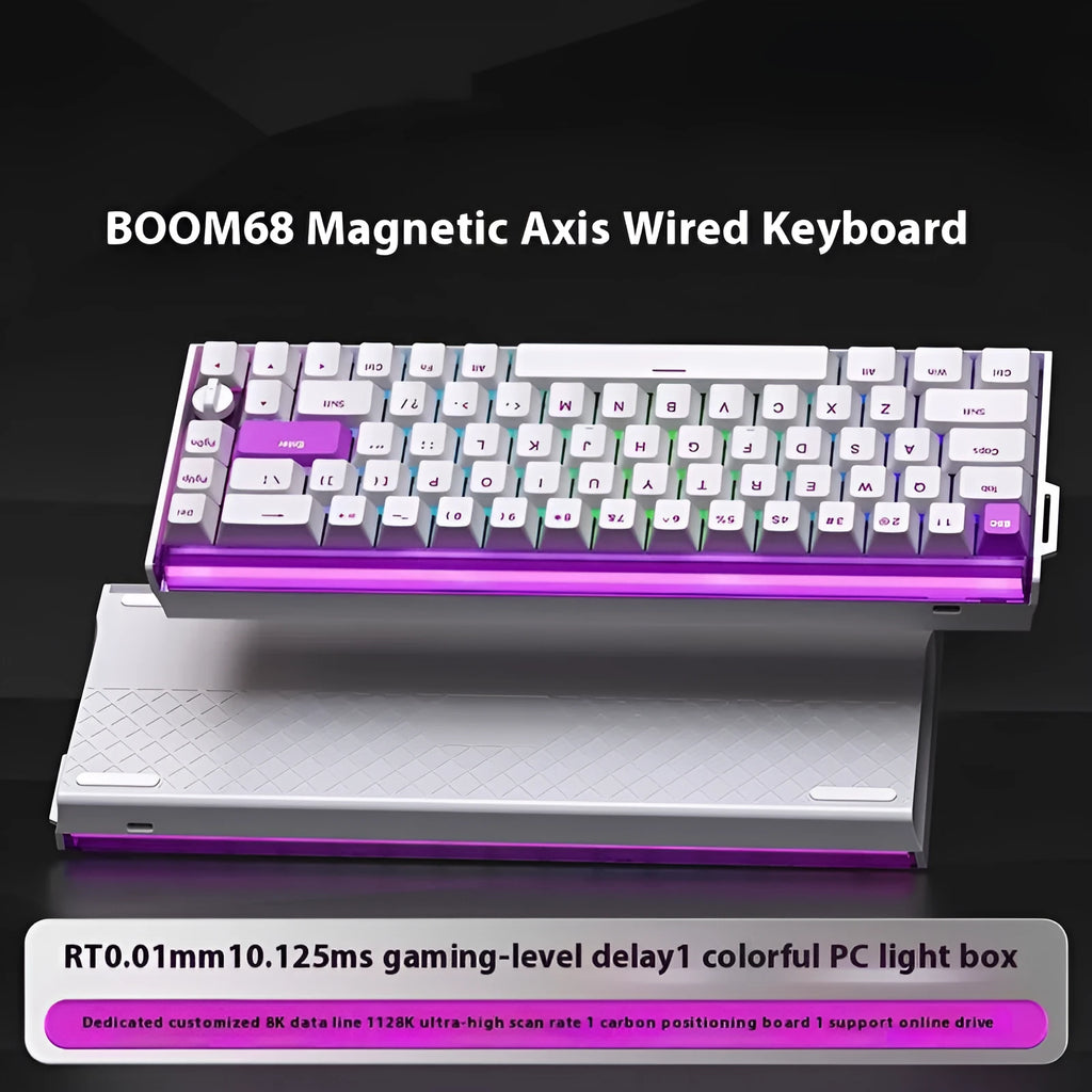 BOOM68 compact mechanical gaming keyboard with RGB lights on a desk