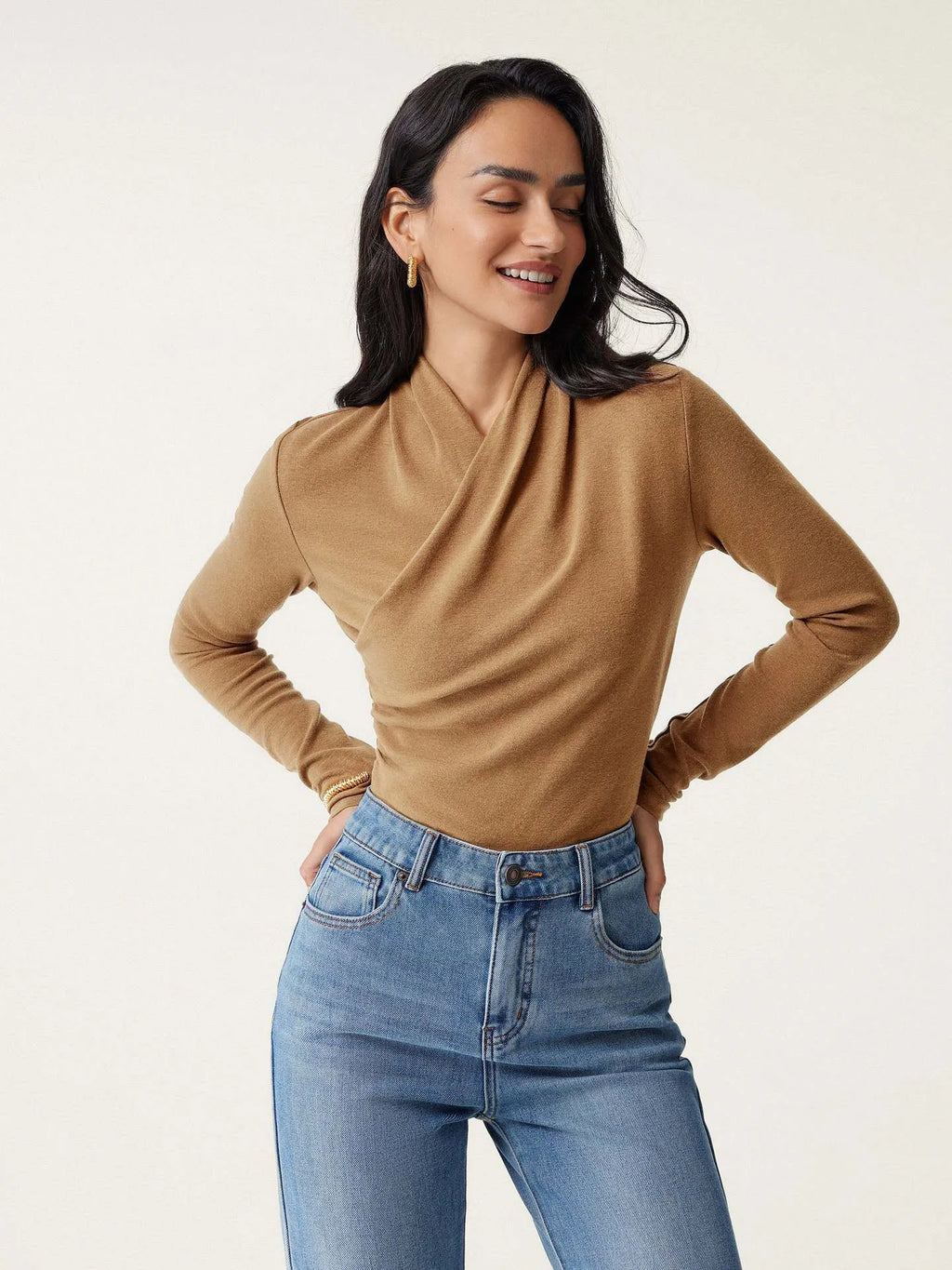 Camel colour women's slim fit pullover sweater with long sleeves