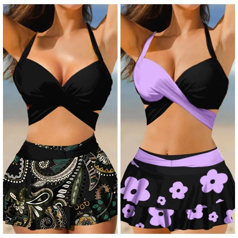 Purple and black women's bikini set with lace-up front and high-waisted split skirt.