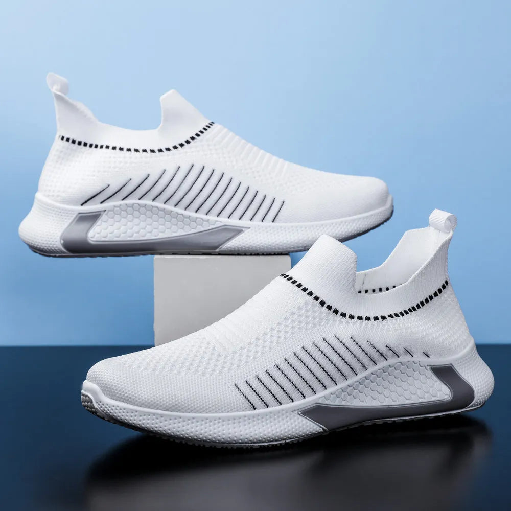 Men's mesh sock shoes with striped flyknit upper and slip-on design