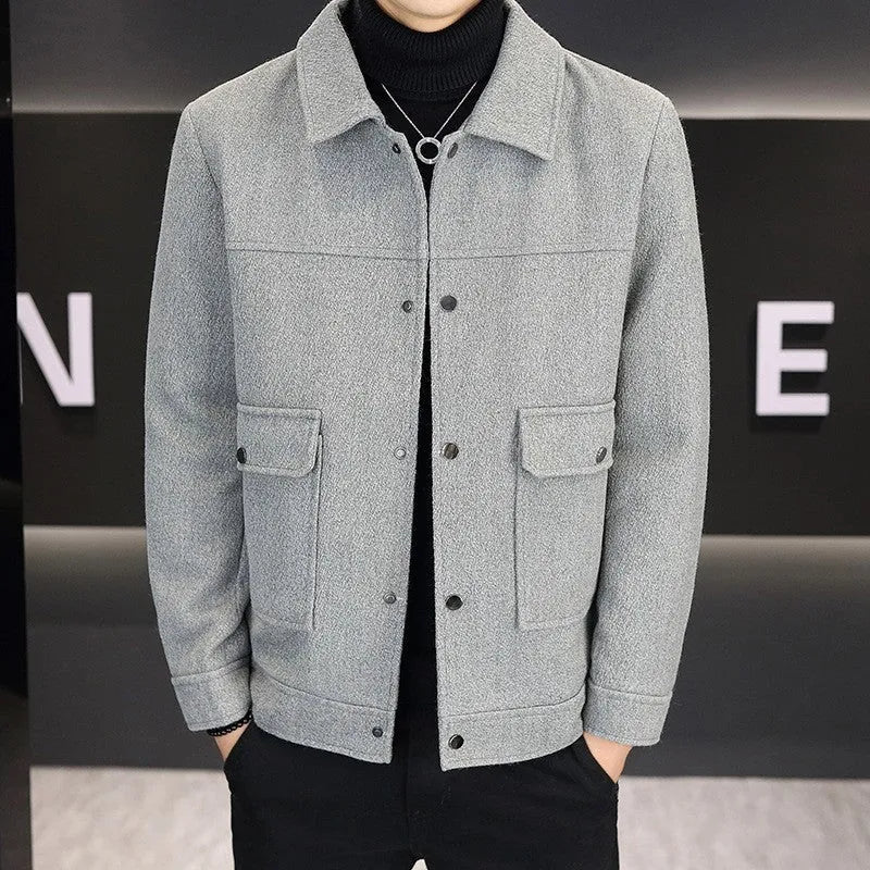 Casual polo collar jacket in cotton blend fabric with side seam pockets