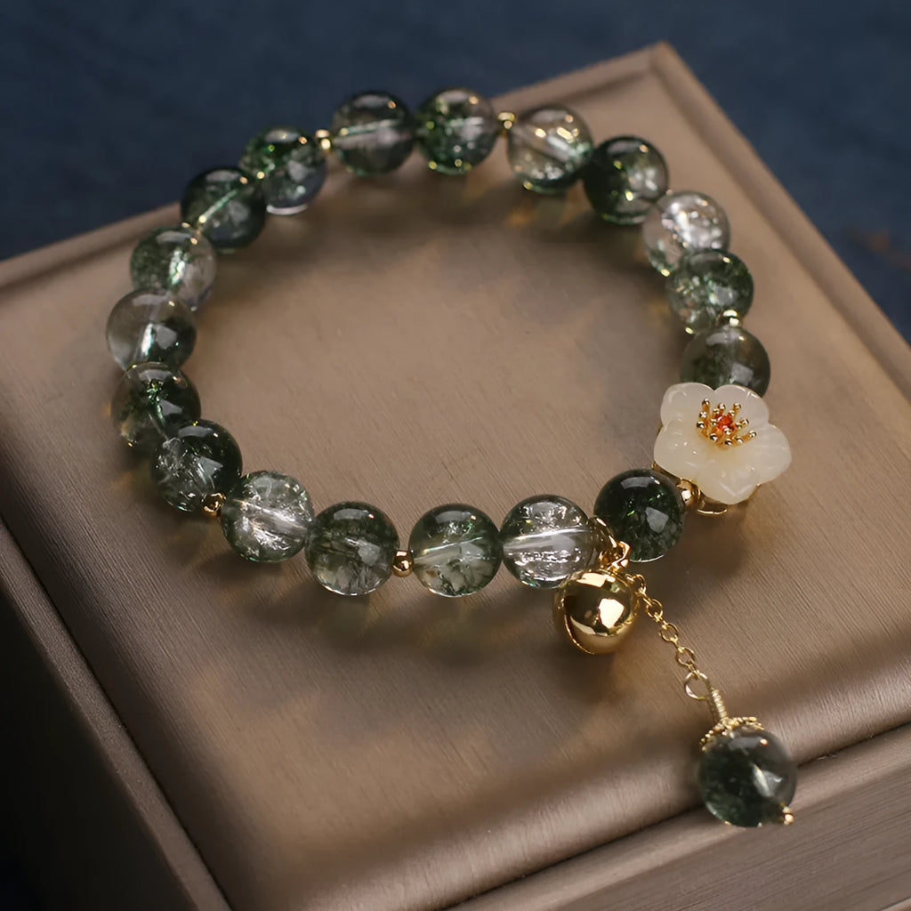 Green Phantom Quartz Crystal Bracelet Light Luxury Women's White Jade Flower Beaded Bracelet 17cm Length New Year Style Crystal Stone Jewellery