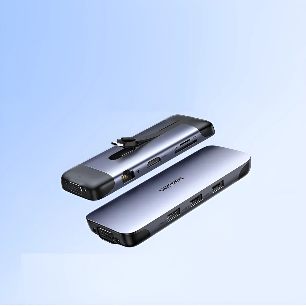 USB C dock expansion hub adapter showing multiple ports including HDMI, USB 3.0, and VGA, with a short 0.09m connection cable.