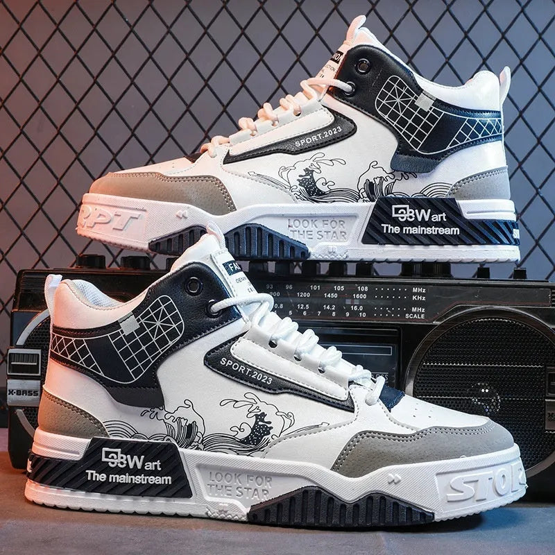 Men's beige high-top board shoes with lace-up front and rubber soles