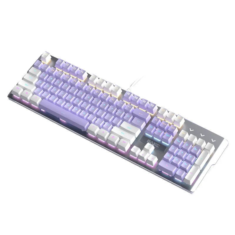 Purple-white mechanical keyboard and mouse gaming bundle with backlight illumination on desktop setup