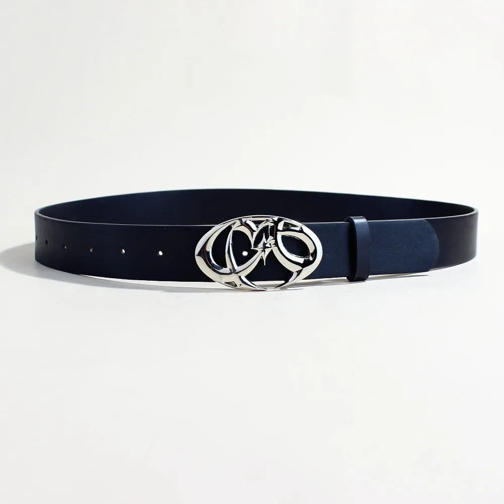Silver buckle PU leather casual belt with snap-button fastening, shown at 105cm length.