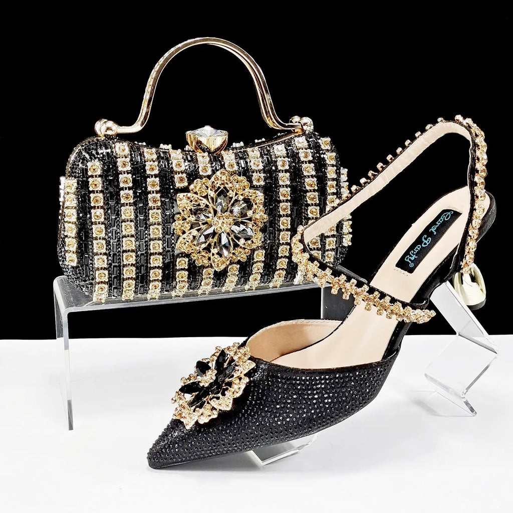 Women's high heel shoe and clutch bag set with decorative floral ankle chain in multiple colour options